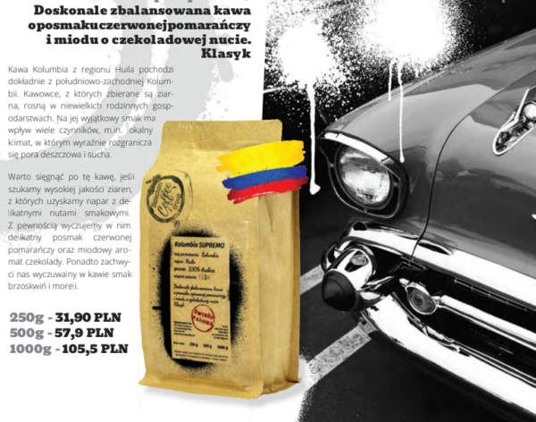 KOLUMBIA SUPREMO kawa rzemieślnicza to kawa 100% Arabica, pochodząca z regionu Cauca w Kolumbii12. Jest to kawa specialty, która otrzymała 82 punkty na 100 w skali SCA2. Jest obrabiana metodą naturalną, co oznacza, że dojrzałe owoce kawy są suszone na słońcu z ziarnami w środku3. Ta kawa ma intensywny i szlachetny smak, w którym wyczuwalne są karmel, czekolada i nugat24 . Ma niską kwasowość i gęstą cremę, która nadaje się do przygotowania aromatycznego espresso24 . Ładnie łączy się z mlekiem, tworząc kremową i pyszną kawę mleczną.