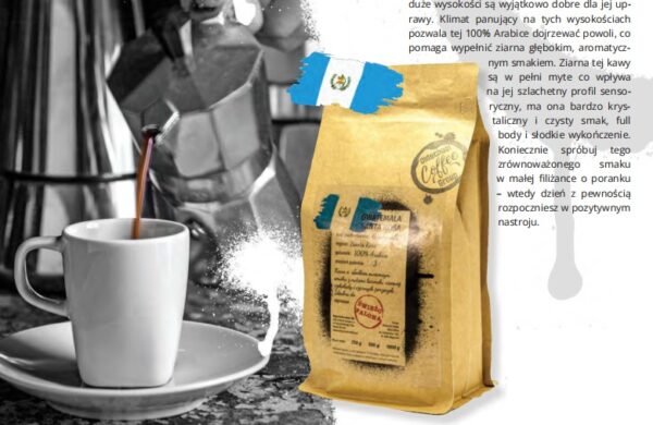 GWATEMALA SANTA ROSA - Arabica, Myta, Średnio Palona, Nuty Czekolady i Cytrusów Ta kawa pochodzi z regionu Santa Rosa w Gwatemali. Jest to kawa jednorodna (Single Origin), co oznacza, że wszystkie ziarna pochodzą z tego samego miejsca. Jest to kawa typu Arabica, która jest bardziej aromatyczna i ma delikatniejszy smak w porównaniu do kawy laincoffee Robusta.
