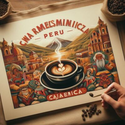 Zdjęcie przedstawia świeżo palone ziarna kawy Peru Cajamarca. Ziarna są ciemnobrązowe, błyszczące, co świadczy o ich wysokiej jakości. W tle widoczne są malownicze krajobrazy Peru, które podkreślają pochodzenie kawy. cena kawy rzemieślniczej